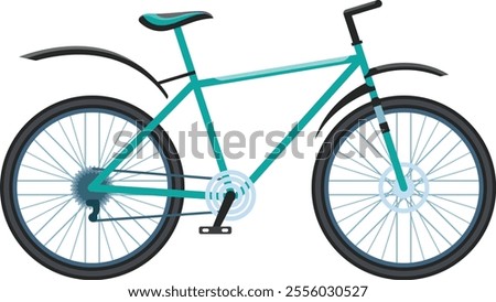 Light blue bicycle with mudguards, black tires, and visible gear shift mechanism resting on a white background, symbolizing active lifestyle and eco friendly commuting