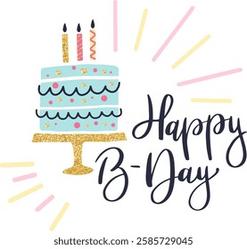 Light blue birthday cake adorned with lit candles, resting on a golden cake stand, featuring handwritten happy b day lettering, perfect for celebrating a joyful birthday party