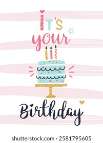 Light blue birthday cake with three lit candles sitting on golden cake stand celebrating someone, s birthday with pink and gold decorations and text wishing happy birthday...