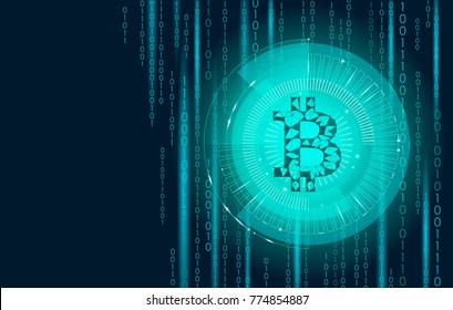 Light blue bitcoin sign cryptocurrency in hud target. Low poly geometric finance e-commerce online pay blockchain system gold color black binary code background vector illustration