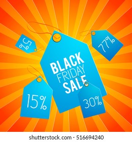 Light blue black friday sale tag set with percentages orange stripes background vector illustration