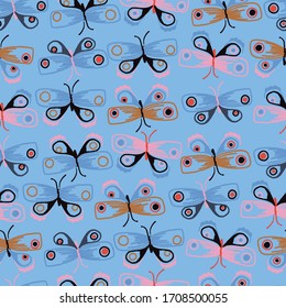 Light blue with black, orange and pink butterfly seamless pattern background design.