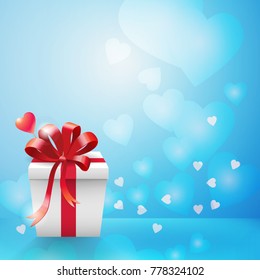 Light blue bokeh and hearts background with vertical white carboard gift box and red ribbon bow in corner flat vector illustration