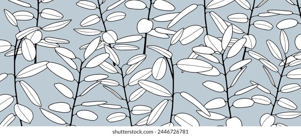 Light blue botanical background with black and white eucalyptus branches. Botanical vector card, poster, banner, cover design.