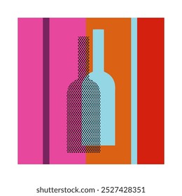 Botella azul claro sobre fondo rayado naranja, fucsia y azul claro