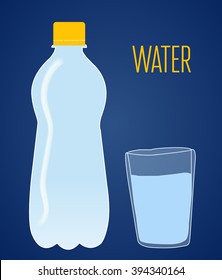light blue bottle with water and cup on dark blue background