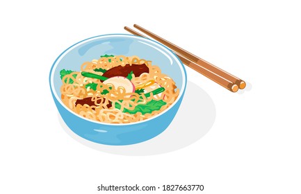 Light blue bowl of Jajangmyeon with chunjang and chopsticks. Korean-style Chinese noodle dish topped with thick sauce made of tianmian sauce, diced pork and vegetables. Vector isolated on white.