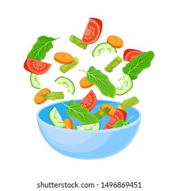 Light blue bowl with slices of tomatoes and cucumbers. Vector illustration on a white background.