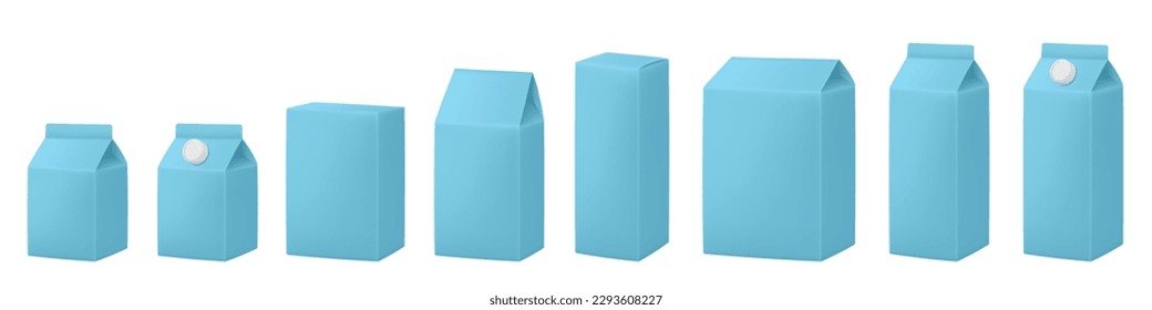 Cajas azules claras para productos lácteos. Modelación de cajas de cartón en blanco. Conjunto de cuadros. Paquete de jugo o de cartón de leche. Juego de simulación de vectores. Paquete de caja realista con tapa.
