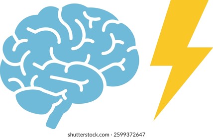 A light blue brain paired with a yellow lightning bolt represents creativity and inspiration, highlighting a dynamic and energetic mood in a minimalistic style.