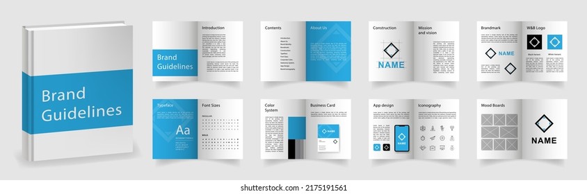 Light Blue Brand Guidelines Template. Brand Manual Presentation In A4 Size. Logo Guideline Mockup. Logo Guide Book Layout