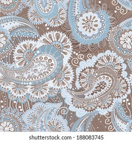 Light blue and brown seamless ethnic pattern with stylized flowers. Vector Paisley floral wallpaper. Beautiful floral batik. Design for wrapping paper, gift paper, cover, web, fabric.