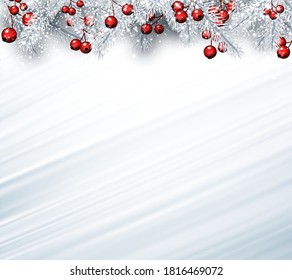 Light blue brush strokes background with snowy spruce branches with red berries. Some space for your text. Vector holiday illustration.