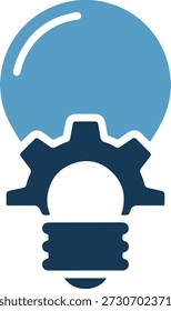 Eine hellblaue Glühbirne mit dunkelblauer Ausrüstung im Inneren, auf rein weißem Hintergrund, die Geschäftslösungen und innovatives Denken repräsentiert.