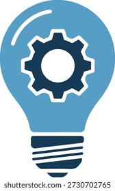 Uma lâmpada azul clara com uma engrenagem azul escura em um fundo branco puro, apresentando um design simples e técnico