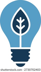 Um ícone de lâmpada azul claro com uma folha dentro em um fundo branco, simbolizando ideias ecológicas e inovação sustentável com uma base azul escura.