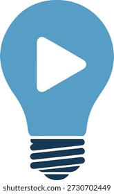 Icono de bombilla azul claro con un Botón de juego en el interior, con una base azul oscuro y un diseño moderno, en un estilo simple y atractivo con un triángulo blanco