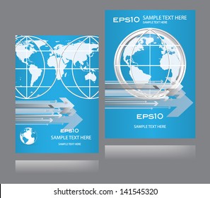 light blue business magazine cover with map, planet and arrows
