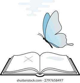 A light blue butterfly emerges from an open book, representing imagination, learning, and the unfolding of new ideas. Simple, modern illustration.