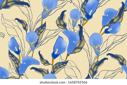 Light blue callas flowers with leaves on a cream beige background seamless patern. Vector illustration with large inflorescences of plants.