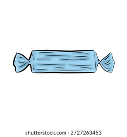 Um doce azul claro envolvido em uma embalagem de papel torcido.