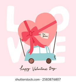 A light blue car with chocolate-shaped wheels, driving with a large heart-shaped gift box on top.