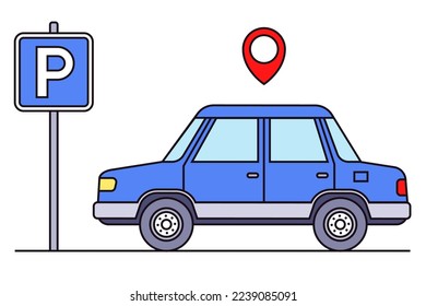 light blue car stands in the parking lot. parking space next to the store. flat vector illustration.