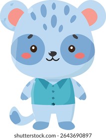 A light blue cartoon animal with darker blue spots, pink cheeks, and wearing a teal vest with three buttons.