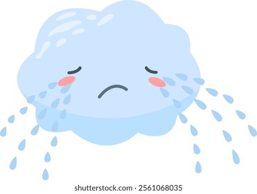 Light blue cartoon cloud with a sad face crying, releasing raindrops that fall gently down, capturing the essence of rainy weather and expressing a gloomy mood