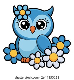 A light blue cartoon owl with large eyes sits amidst blue and white daisies with yellow centers The style is cheerful and childlike with bold outlines.