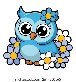 Light blue cartoon owl with large eyes surrounded by stylized purple and white daisies with yellow centers. The style is cute and whimsical.