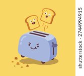 A light blue cartoon toaster with an angry face is ejecting two slices of toast with surprised faces. Crumbs are scattered around the toaster.