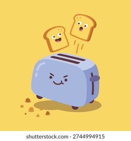 A light blue cartoon toaster with an angry face is ejecting two slices of toast with surprised faces. Crumbs are scattered around the toaster.