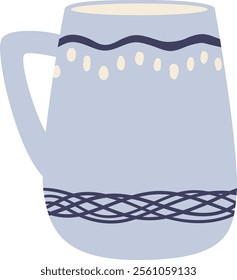 Light blue ceramic mug featuring decorative blue stripes and dots, creating a charming vessel for savoring warm beverages on cozy days filled with comfort and relaxation