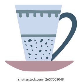 Light blue ceramic mug featuring dark blue decorations and a matching handle, resting on a saucer, isolated against a clean white background, perfect for enjoying coffee or tea