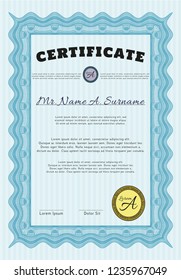 Light blue Certificate of achievement. Artistry design. With great quality guilloche pattern. Vector illustration. 