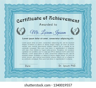 Light blue Certificate of achievement. With background. Detailed. Artistry design. 
