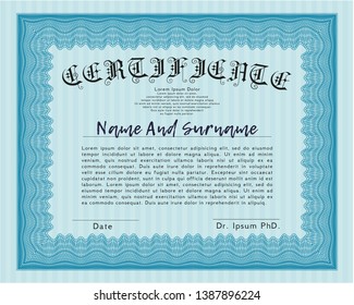 Light blue Certificate of achievement. With background. Money design. Vector illustration. 