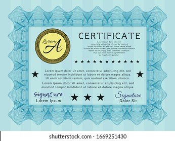 Light blue Certificate of achievement. With background. Vector illustration. Cordial design. 