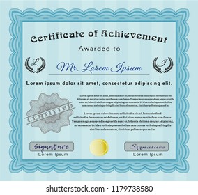 Light blue Certificate of achievement. Beauty design. Complex background. Vector illustration. 