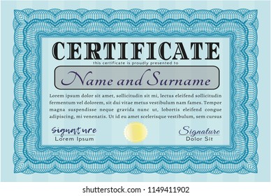 Light blue Certificate of achievement. With complex linear background. Money Pattern. Vector illustration. 