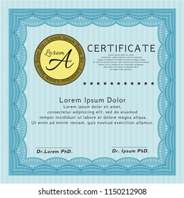 Light blue Certificate of achievement. With complex linear background. Cordial design. Detailed. 