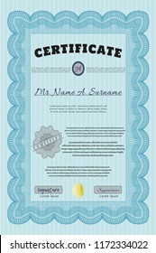 Light blue Certificate of achievement. Complex background. Detailed. Modern design. 