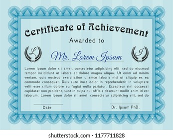 Light blue Certificate of achievement. Complex background. Perfect design. Customizable, Easy to edit and change colors. 