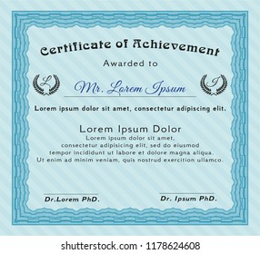 Light blue Certificate of achievement. With complex linear background. Superior design. Customizable, Easy to edit and change colors. 