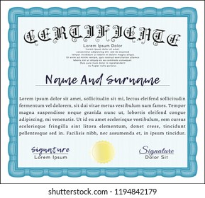 Light blue Certificate of achievement. With complex background. Customizable, Easy to edit and change colors. Good design. 