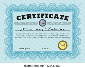 Light blue Certificate of achievement. With complex linear background. Money style design. Vector illustration. 