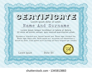 Light blue Certificate of achievement. Complex background. Elegant design. Vector illustration. 