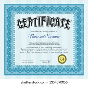 Light blue Certificate of achievement. With complex background. Cordial design. Vector illustration. 