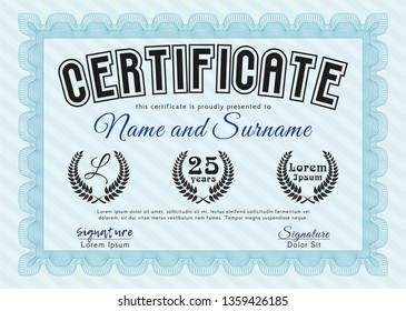 Light blue Certificate of achievement. With complex background. Detailed. Lovely design. 